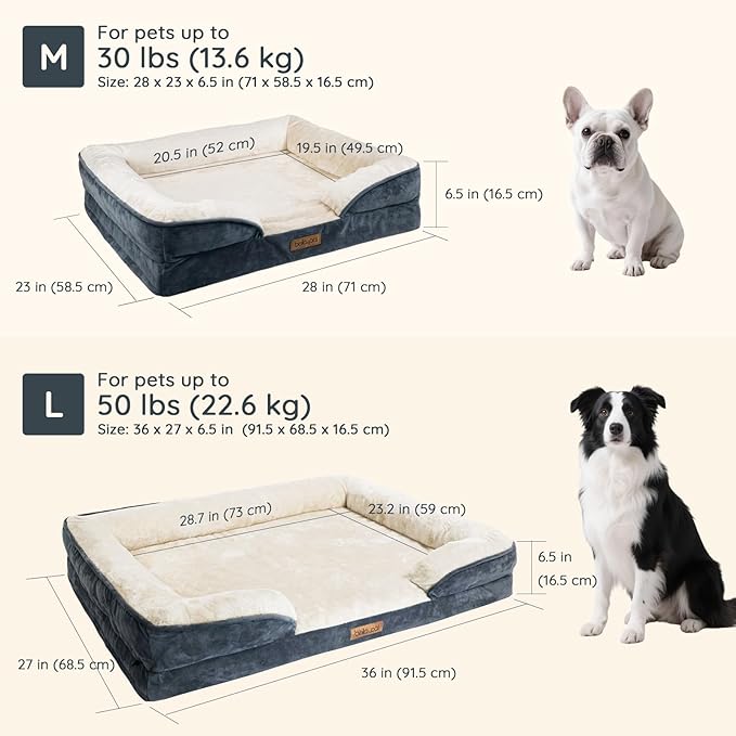 BELLA & PAL Orthopedic Dog Sofa Bed for Medium/Large Dogs – No Assembly Needed, Egg-Crate Foam Dog Couch with Waterproof Liner, Washable Removable Cover, Non-Slip, 36x27x6.5Inch, Grey