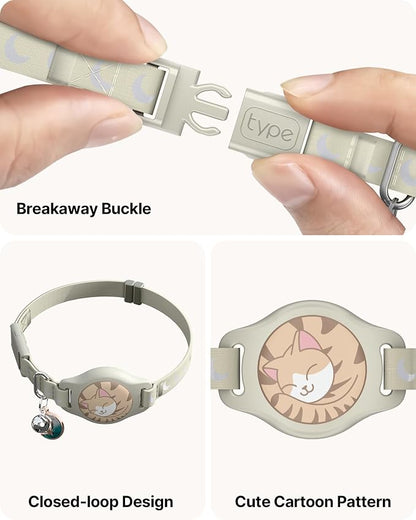 typecase Reflective Breakaway Cat Collar with AirTag Holder, Khaki & White | Khaki Reflective Breakaway Cat Collar With Bell And Silicone AirTag Holder; Adjustable 8-12 In; AirTag Not Included
