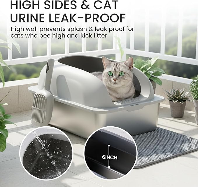 Simple Deluxe XL Stainless Steel Litter Box with Lid, Extra Large Cat Litter Box for Big Cats, High-Sided Anti-Leakage Metal Litter Tray, Non-Stick Bottom, Easy to Clean, Light Gray