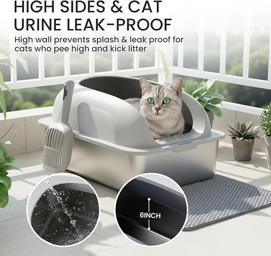 Simple Deluxe XL Stainless Steel Litter Box with Lid, Extra Large Cat Litter Box for Big Cats, High-Sided Anti-Leakage Metal Litter Tray, Non-Stick Bottom, Easy to Clean, Light Gray