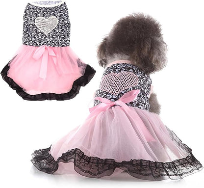 Valentines Day Dog Costume Dress M, Black Floral Top with Pink Tulle Skirt and Bow, Glitter Heart Pet Outfit for 8-9 lbs Dogs and Cats, Romantic Holiday Clothing