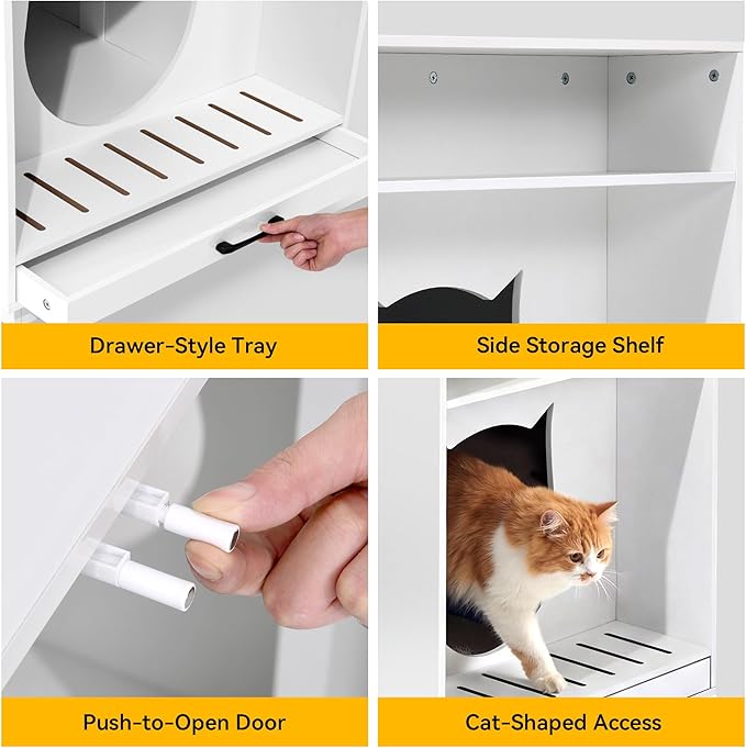 Large Hidden Litter Box Furniture with Led Light & Power Outlets, Modern Cat Litter-Box Enclosure for Self-Cleaning Litter Boxes, Indoor Wooden Storage Cat Cabinet, High-Gloss White
