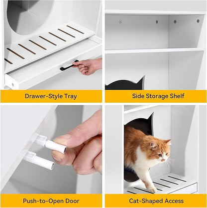 Large Hidden Litter Box Furniture with Led Light & Power Outlets, Modern Cat Litter-Box Enclosure for Self-Cleaning Litter Boxes, Indoor Wooden Storage Cat Cabinet, High-Gloss White