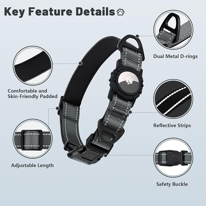 Taglory AirTag Dog Collar with Waterproof Holder for Medium Dogs, Gray, M | Reflective for Night Walks & Low-Light Safety, Track Your Pup Peace of Mind, Adjustable Soft Padded, No More Dangling Tags