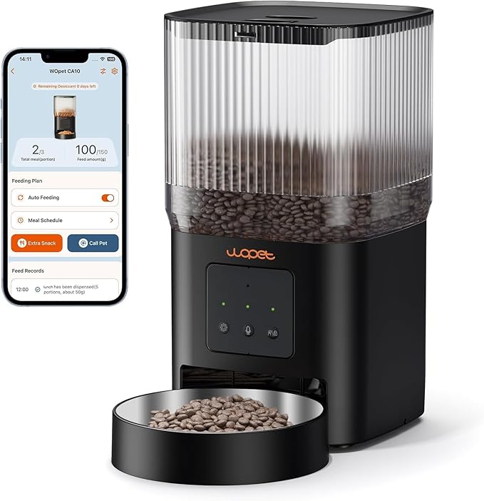 WOPET Automatic Cat Feeder, 5G WiFi Automatic Dog Feeder with APP Control for Remote Feeding, Cat Food Dispenser with Low Food Sensor and Voice Recorder,Up to 10 Meals Per Day for Cats and Dogs
