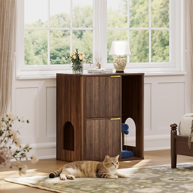Rovibek Double Cat Litter Box Enclosure Furniture, Fluted Hidden Litter Box Enclosure for 2 Cats with Double Room, Mid Century Dual Cat Litter Cabinet with Scratching Post, Dangling Ball, Walnut