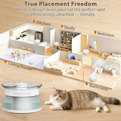 2.5L/85oz Smart Glass Cat Water Fountain, Automatic Filterless Pet Fountain with Dual Tank Separation System, 3 Smart Modes for Cats, Multiple Pets