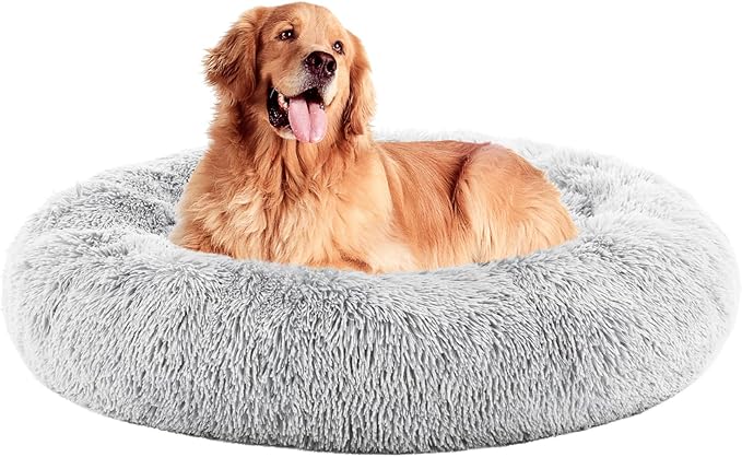 DUMOS 37.4x37.4 Inch Calming Donut Dog Beds for Large Dogs, Machine Washable Cuddler Warming Cozy Fluffy Faux Fur Plush Round Pet Bed Medium Sized Bed for Indoor Dogs and Cats, Grey