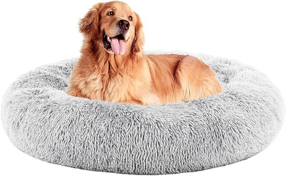 DUMOS 37.4x37.4 Inch Calming Donut Dog Beds for Large Dogs, Machine Washable Cuddler Warming Cozy Fluffy Faux Fur Plush Round Pet Bed, Anti-Slip Bed for Indoor Dogs and Cats, Grey