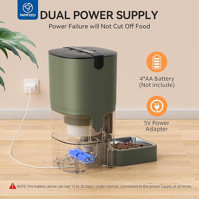 PAPIFEED Automatic Cat Feeder, 2.4G WiFi Cat Food Dispenser with App Control, 6L Timed Cat Feeders for Dry Food, Detachable for Easy Clean, Dual Power Supply, up to 10 Meals per Day, Army Green