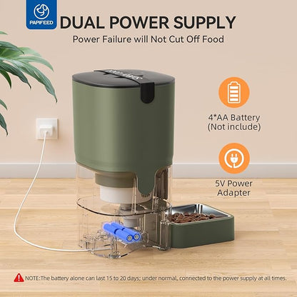 PAPIFEED Automatic Cat Feeder, 2.4G WiFi Cat Food Dispenser with App Control, 6L Timed Cat Feeders for Dry Food, Detachable for Easy Clean, Dual Power Supply, up to 10 Meals per Day, Army Green