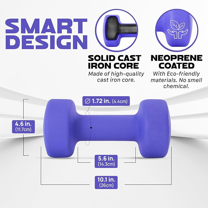 Yes4All Neoprene Coated Dumbbell Hand Weight Sets of 2 - Multiple Weight Options with 15 Colors, Anti-roll, Anti-Slip, Hexagon Shape