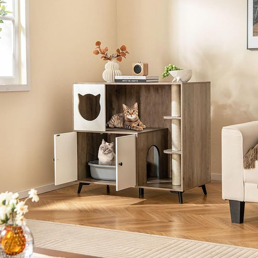 PETSITE Cat Litter Box Enclosure, Multifunctional Hidden Litter Box with Sisal Scratching Posts, Cat Condo, Litter Box Cabinet Furniture with 5 Metal Supporting Legs and Multiple Storage Space