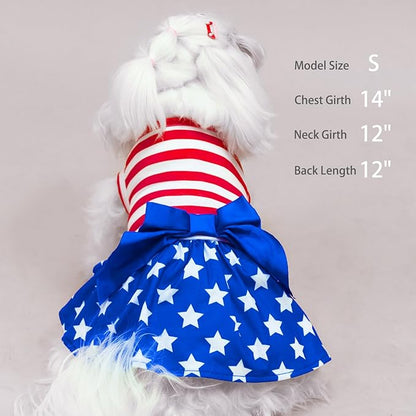 PUPTECK Print Dog Dress Pet Apparel for 4th of July with Cute Bowtie Puppy Clothes Outfit, Flag, S