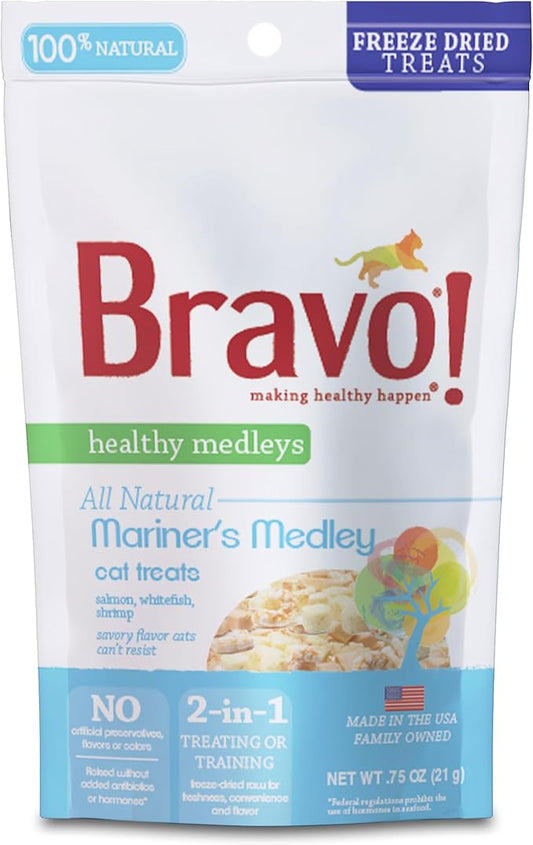 Bravo! Healthy Medleys Mariner's Medley Freeze Dried Cat Treats, Salmon, Whitefish and Shrimp, 0.75 Ounce, Grain Free, Gluten Free