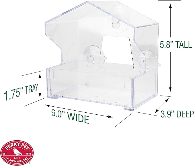 Perky-Pet Clear Outdoor Window Bird Feeder with Strong Suction Cups – 1/2 Lb Seed Capacity - Perky Pet 345 - Entertaining Bird Feeding - Watch Birds Eat Seeds