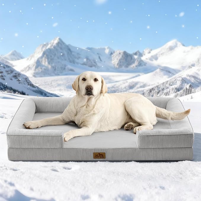 COZY KISS Cooling Dog Bed for Extra Large Dogs, Q-Max >0.4 Summer Cool Orthopedic Foam Pet Sofa Bed with Sides, Bolster Anti-Slip Couch with Washable Removable Cover, XXL 48x35x7.5 inch, Grey