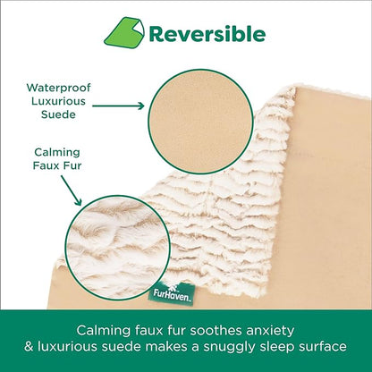 FurHaven Waterproof Dog Blanket – Birch Faux Fur & Suede Calming Throw for Pets, Washable – Taupe, Medium
