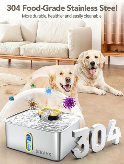 SIBAYS 4Gal/15L Stainless Steel Large Dog Water Fountain, Ultra Quiet Automatic Pet Water Fountain, Dog Water Bowl Dispenser with Water Level Window and LED Light, Easy to Clean(FS78, Silver-Yellow)
