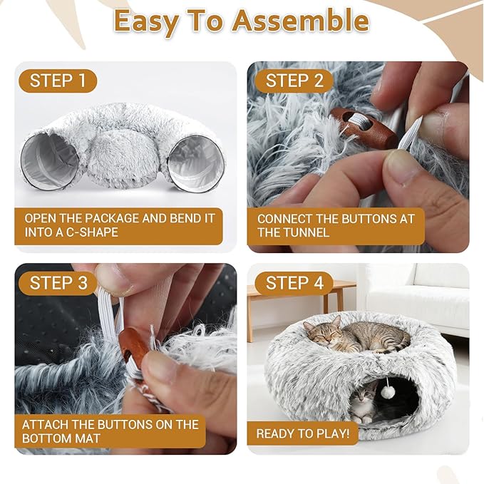 Cat Tunnel Christmas Tree Skirt, Cat Tunnel Bed for Indoor Cats with Hanging Ball, Soft Plush Cats Donut Cave with Washable Mat for Kittens, Rabbits, Puppies and Small Animals Christmas Decors, Grey