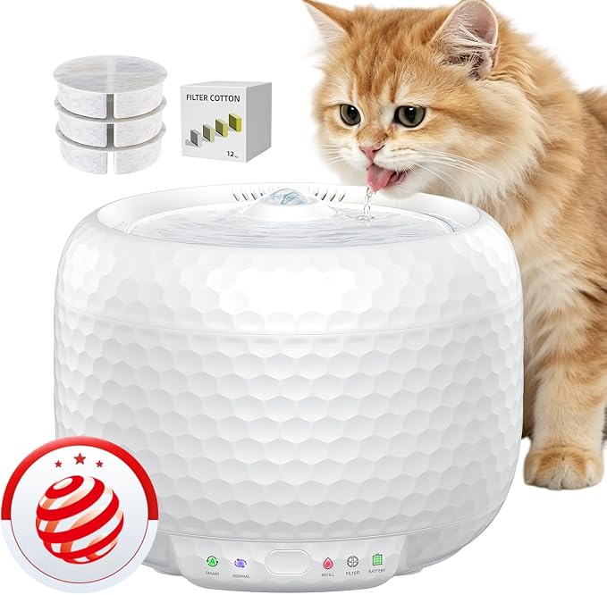 Red Dot Award Wireless Cat Water Fountain 1.8L/60oz, 145° Sensor Fountain with 5000mAh Battery, Silent Pump, Water-Electric Separation & Low Water Auto Shut Off for Cats Dogs