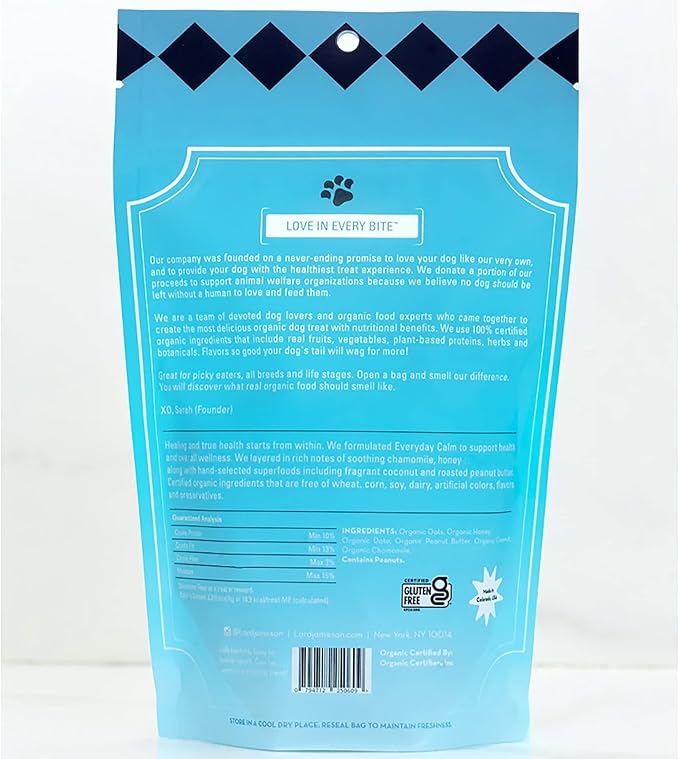 Lord Jameson Everyday Calm Soft & Chewy Organic Dog Treats - Organic Peanut Butter & Soothing Chamomile - No-Bake Recipe - Gluten-Free, Preservative-Free, USDA Certified Organic - Made In USA 6 oz