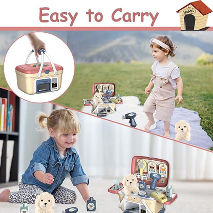 KAEGREEL Pet Care Playset, 23Pcs Pretend Play Kit with Pet Case for Treatment & Grooming, Fun Birthday for Kids Girls Aged 3-8 Year Old