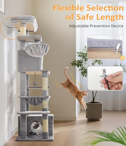 ABCPET Cat Tree Large Cat Tower Tree 68" Multi-Level Cat Tower for Indoor Cats with Sisal Scratching Posts, Widen Cat Perche, Square Hammock, 2 Widen Condos, Scratching Posts, Light Grey