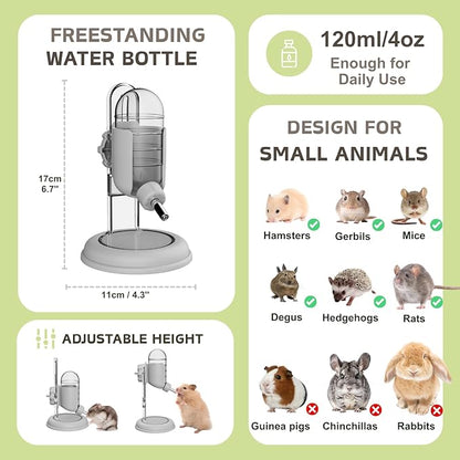 Hamster Water Bottle with Stand, 4oz Water Dispenser for Syrian Dwarf Hamsters Gerbils Mice Rats Degus (Gray)