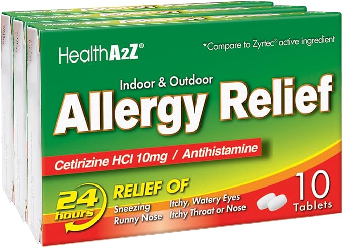 HealthA2Z® Allergy Relief | Cetirizine 10mg | All Day Allergy Relief | Indoor & Outdoor | Relief from Itchy Throat, Sneezing, Runny Noses (10 Count (Pack of 3))