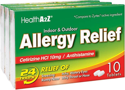 HealthA2Z® Allergy Relief | Cetirizine 10mg | All Day Allergy Relief | Indoor & Outdoor | Relief from Itchy Throat, Sneezing, Runny Noses (10 Count (Pack of 3))