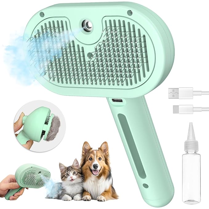 Pecait Cat Steam Brush for Shedding, 3 In 1 Steam Pet Brush Self Cleaning, Dog Brush for Long and Short Hair Dogs and Cats, Pet Grooming Comb Remove Tangled Loose Hair, Type-C Fast Charging (Green)