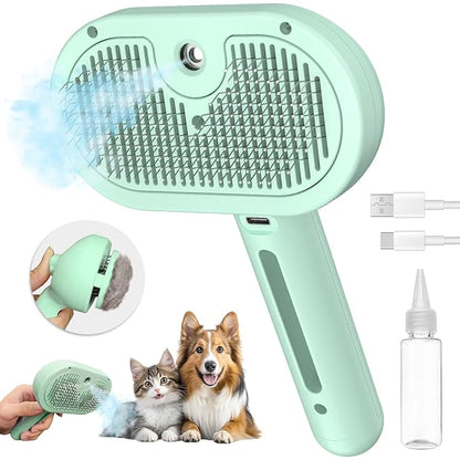 Pecait Cat Steam Brush for Shedding, 3 In 1 Steam Pet Brush Self Cleaning, Dog Brush for Long and Short Hair Dogs and Cats, Pet Grooming Comb Remove Tangled Loose Hair, Type-C Fast Charging (Green)