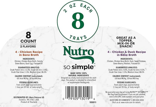 Nutro So Simple Wet Dog Food Meal Complement, Dog Food Toppers Chicken and Chicken & Duck Recipes in Bone Broth, Variety Pack, 2 oz. Trays (8 Count, Pack of 1)