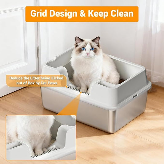 Enclosed Stainless Steel Cat Litter Box with Lid Extra Large Litter Box for Big Cats XL Metal Litter Pan Tray with High Wall Sides Enclosure, Non-Sticky, Anti-Leakage, Easy Cleaning