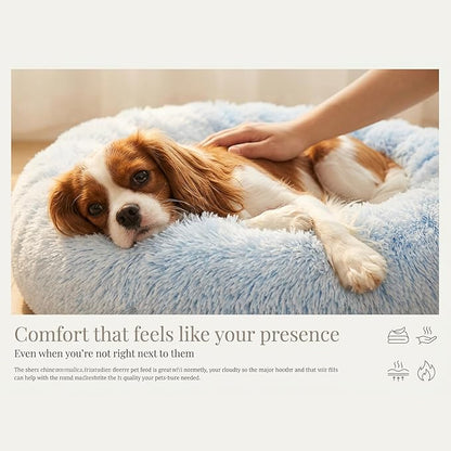 Calming Dog Bed for Medium Dogs Washable Donut 30 inches Anti-Slip Pet Bed,Round Fluffy Plush Faux Fur Cat Bed,Fits up to 45 lbs Pets,Gradient Blue