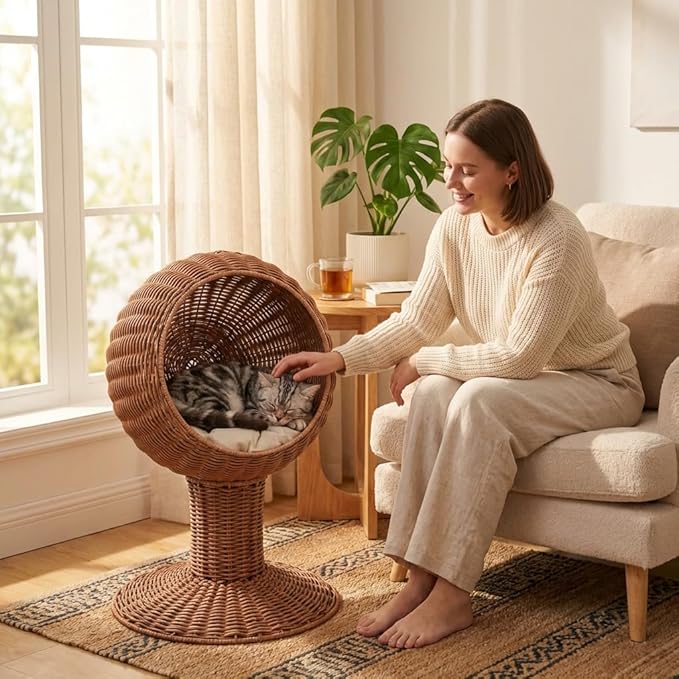 Elevated Cat Basket Bed, Cat Bed with Removable Cushion, Breathable Wicker Pet Bed for Indoor Cats, cat Litter Box Raised Design for Air cat Litter Boxes Circulation, Durable Handw