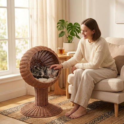 Elevated Cat Basket Bed, Cat Bed with Removable Cushion, Breathable Wicker Pet Bed for Indoor Cats, cat Litter Box Raised Design for Air cat Litter Boxes Circulation, Durable Handw