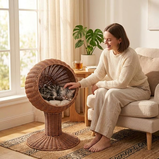 Elevated Cat Basket Bed, Cat Bed with Removable Cushion, Breathable Wicker Pet Bed for Indoor Cats, cat Litter Box Raised Design for Air cat Litter Boxes Circulation, Durable Handw