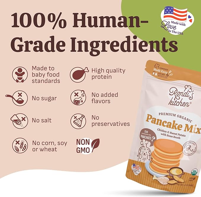 Rondi's Kitchen Organic Dog Pancake Mix - Natural Healthy Treat for All Dogs - Superfood Snack Made with Human-Grade Ingredients - Makes About 38 Pancakes - Chicken & Sweet Potato with Bone Broth