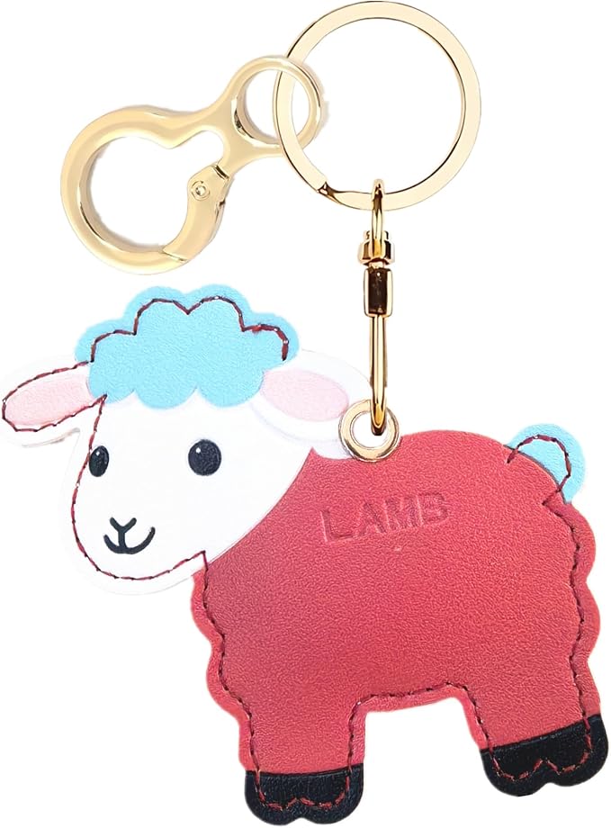Leather Keychain Holder Case Compatible with AirTag,Cute Protective Cover with Keyring,Anti-Scratch Finder GPS Tracker Case for Wallet Keys,Bag,Pets,Backpack(Red Lamb)
