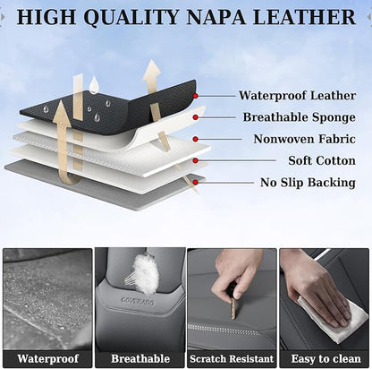 Coverado Universal Seat Covers Full Set, 5 Seats Universal Seat Covers for Cars, Waterproof Nappa Leather Car Seat Covers with Head Pillow, Auto Protectors Fit for Most Sedans SUV Pick-up Truck-Gray