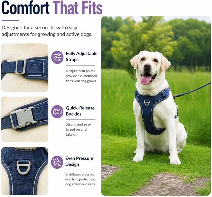 No Pull Dog Harness with Hidden AirTag Holder, Reflective Adjustable Vest Harness, Easy On-Off Design, Soft Breathable Mesh for Small Medium Large Dogs (Navy Blue, XL)