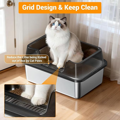 Enclosed Stainless Steel Cat Litter Box with Lid Extra Large Litter Box for Big Cats XL Metal Litter Pan Tray with High Wall Sides Enclosure, Non-Sticky, Anti-Leakage, Easy Cleaning