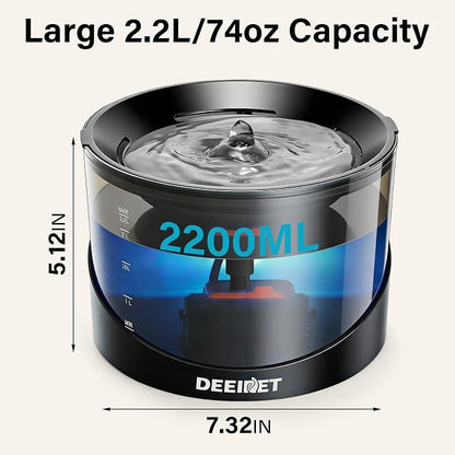 DEEIPET 2.2L/74oz Bubbling Cat Water Fountain, 360° Drinking Area, 24H Oxygen-Rich Flow, Replaceable Pump & BPA-Free ABS, LED Auto Shut-Off Pump, Ultra Quiet USB Adapter, for Cats & Small Dogs