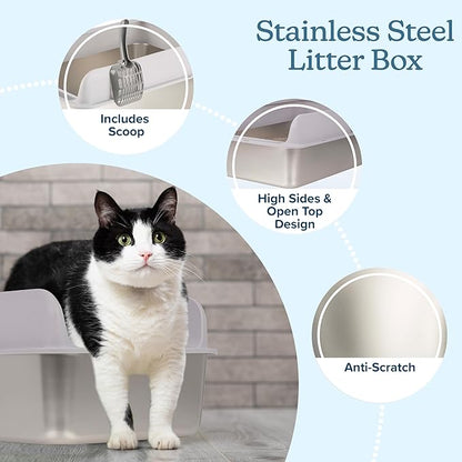 Stainless Steel Cat Litter Box with Lid - Large Litter Box with High Sides and Scoop Included - Easy to Clean, Leak-Proof, Anti-Odor Litterbox for Medium to Large Sized Cats - Pet Supplies by PETMAKER