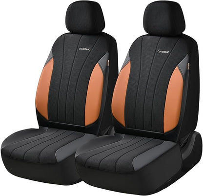 Coverado Seat Covers for Car 2 Seats, Leather Car Seat Covers Fullset, Breathable Mesh Front and Rear Protectors, Brown Luxury Automotive Covers, Universal Fit for SUV, Truck, Sedan