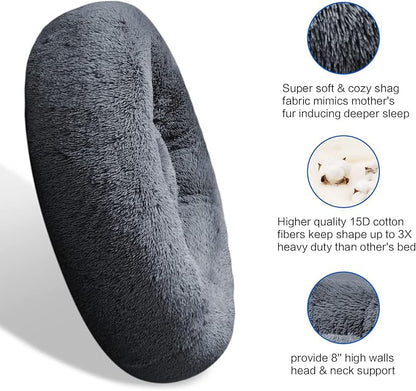 SAVFOX 23 inches Calming Donut Dog Bed - 3X Durable Plush Faux Fur, Machine Washable & Non-Slip, Fits up to 25 lbs, Dark Grey
