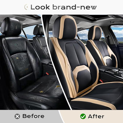Coverado Car Seat Covers, Leather Seat Covers Full Set, Waterproof Car Seat Protector with Lumbar Support, Automotive Seat Covers Seat Cushions Universal Fit for Most Cars SUV Trucks, (Black&Beige)