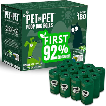 Pet N Pet 180 Counts Dog Poop Bags Rolls, 92% Plant Based Poop Bags for Dogs, Leak Proof Thick Doggie Poo Bag, Unscented Cat & Dog Waste Bag